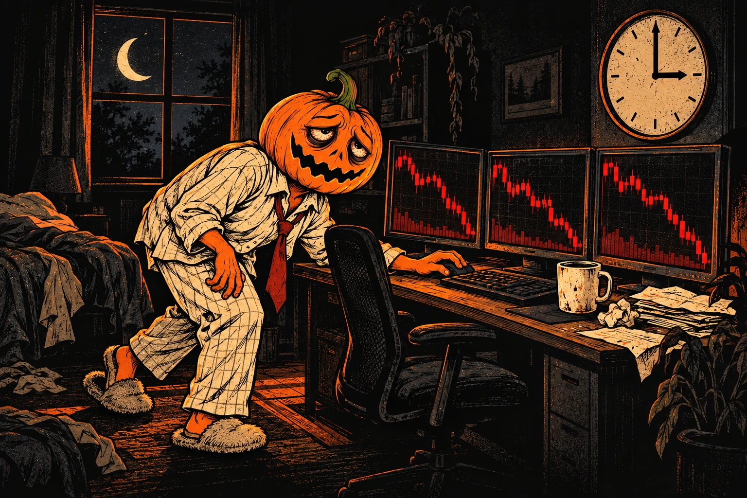 Pumpkin returning to his trading desk in pajamas at three in the morning