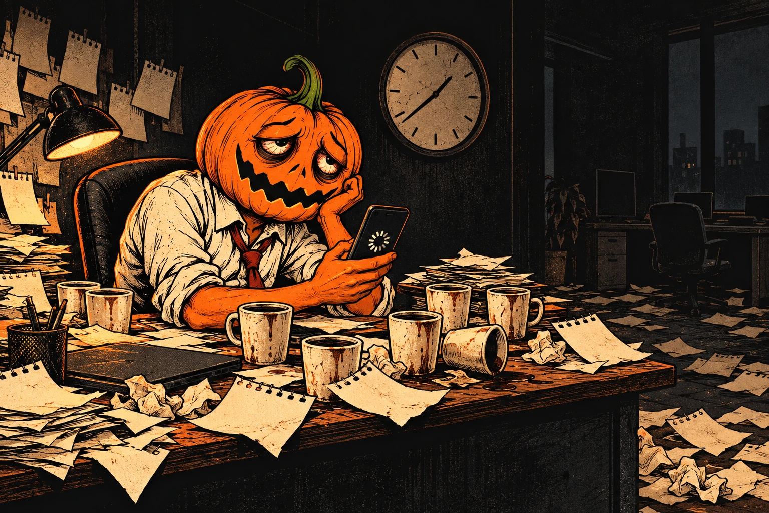 Pumpkin waiting for the developer among cold coffee cups and calendar pages