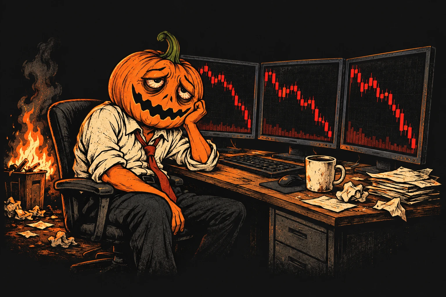 A smiling pumpkin trader at a desk with crashing red charts, coffee and a small fire